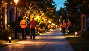 Outdoor pathway lighting being inspected and repaired in spring.