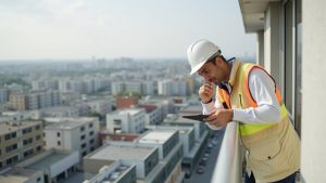 Engineer inspecting high‑rise balcony railings for safety.