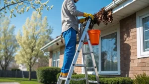 Technician cleaning townhouse gutters during spring maintenance.