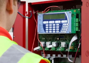 Fire safety technician testing alarm panel in a condo building.