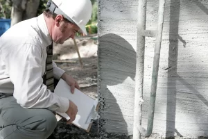 Pest control technician inspecting exterior foundation of a townhouse.