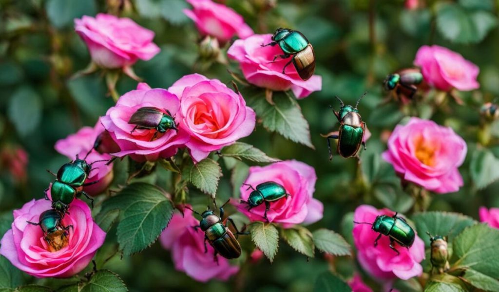 Multiple beetles on roses
