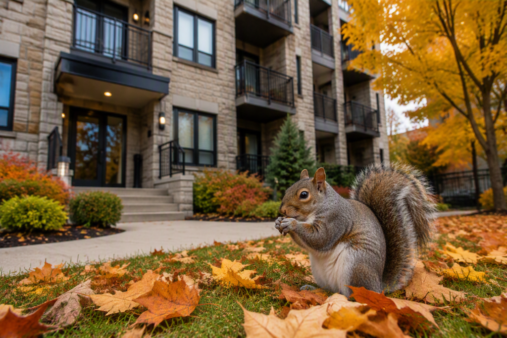 Squirrel standing in front of a condo